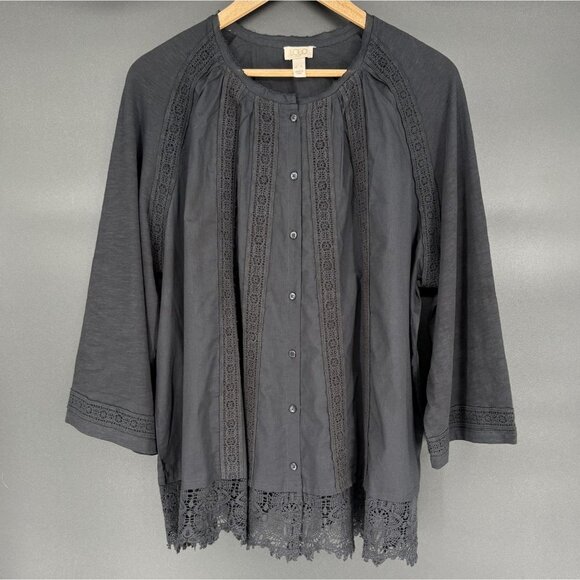 LOGO Lavish Women's Bohemian Peasant Lace Trim Blouse XL Button Front Boho - Picture 1 of 11